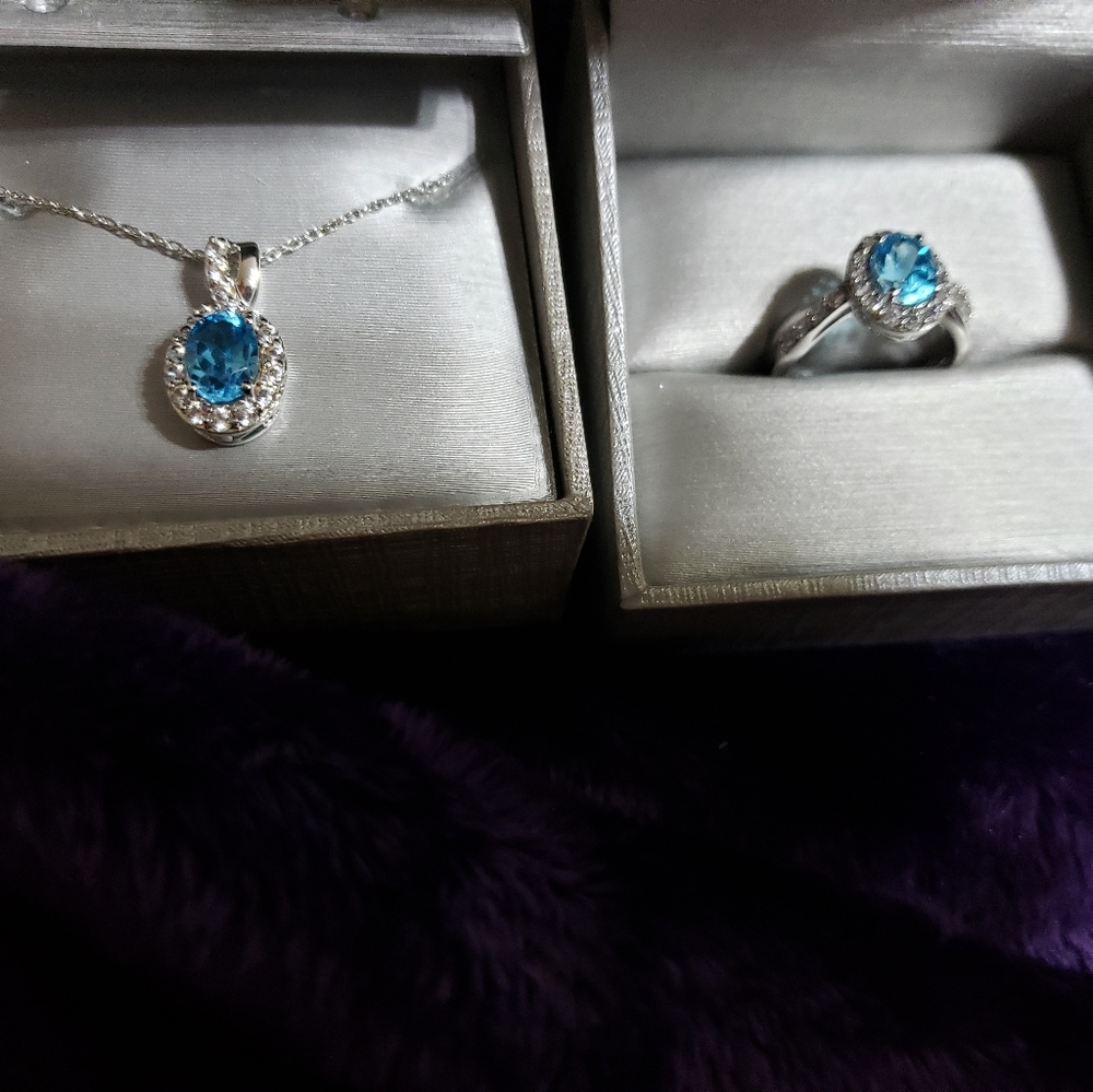 Zales Sterling Silver Blue Topaz w/white Sapphires Ring and Necklace set.  SZ 7